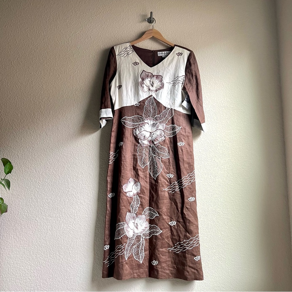 NWT Vintage Donna Vinci Dress Ramie Linen Floral Embroidery Midi Dress, 8